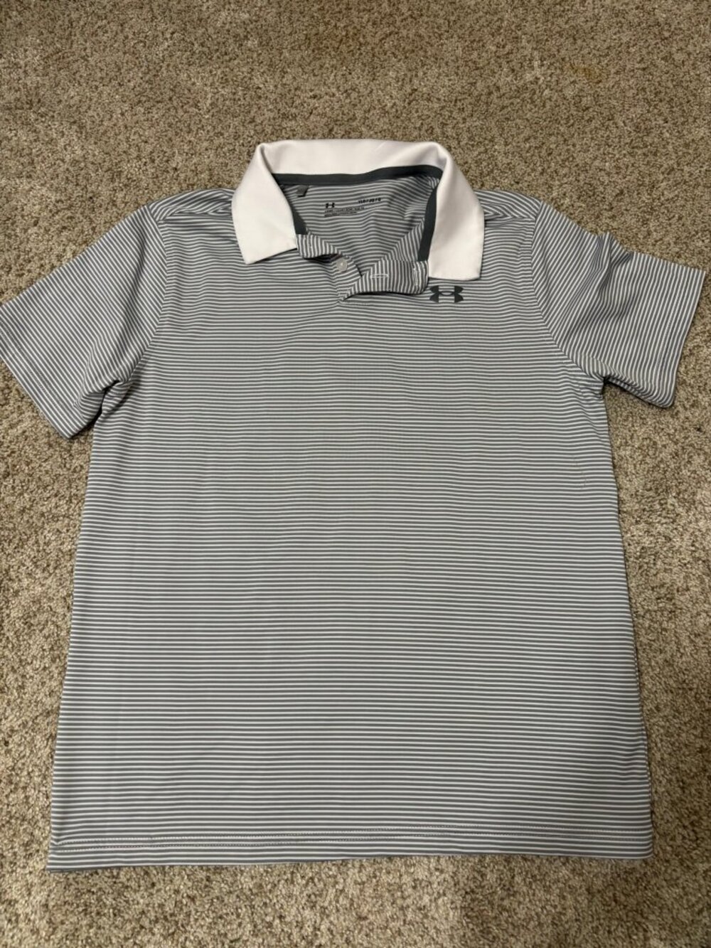 Under Armour Boys Polo Shirt YLG Gray White Stripe Loose Fit Golf